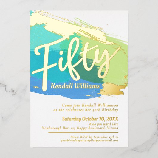50th Birthday party blue green gold foto abstract Folie Uitnodiging (Voorkant)