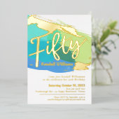 50th Birthday party blue green gold foto abstract Folie Uitnodiging (Staand Voorkant)