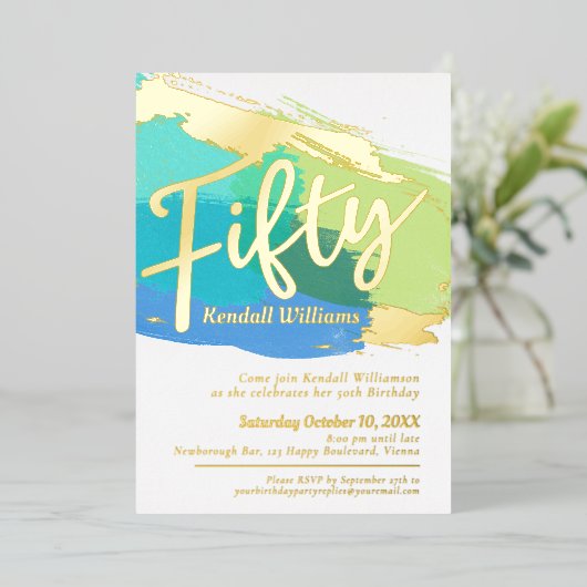 50th Birthday party blue green gold foto abstract Folie Uitnodiging (Staand Voorkant)