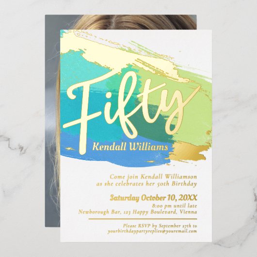 50th Birthday party blue green gold foto abstract Folie Uitnodiging (Voorkant / Achterkant)