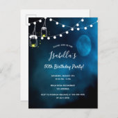 50th Birthday party blue moon light strings Uitnodiging Briefkaart (Voorkant / Achterkant)