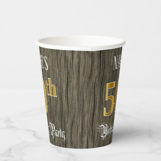 50th Birthday Party — Faux Gold & Faux Wood Looks Papieren Bekers (Rechts)
