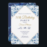 50th Birthday party Foto op back nodiging Kaart<br><div class="desc">Goud lijst en blauw bladeren de uitnodigingskaart van de 50e verjaardag. Zoek passende producten in onze winkel of neem contact met ons op.</div>