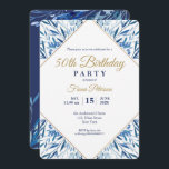 50th Birthday party Foto op back nodiging Kaart<br><div class="desc">Goud lijst en blauw bladeren de uitnodigingskaart van de 50e verjaardag. Zoek passende producten in onze winkel of neem contact met ons op.</div>