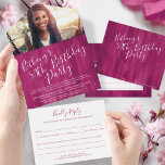 50th Birthday party foto rood All In One Uitnodiging<br><div class="desc">50ste verjaardagsfeestje met een afscheurende RSVP in roze rode kleur, met een geverfde was en wit. De typografische uitnodiging van de manuscripttekst leest Bethany's 50th Birthday Party. Eenvoudig modern, modern design, personaliseer je eigen locatie, naam en antwoordgegevens en je favoriete foto van het verjaardagsmeisje. Dit ontwerp vereist geen extra enveloppen...</div>