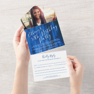 50th Birthday party foto sapphire blue All In One Uitnodiging