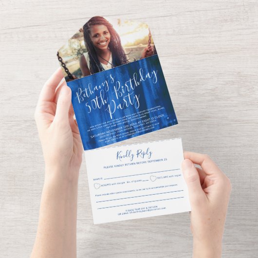 50th Birthday party foto sapphire blue All In One Uitnodiging (Afscheurbaar)