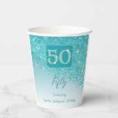 50th Birthday Party Gleaming Teal Blue Glitter Papieren Bekers (Achterkant)