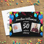 50th Birthday Party Invitation, 2 foto's, ballonne Briefkaart<br><div class="desc">Viel een mijlpaal verjaardag met dit leuke briefkaart met twee foto's die zijn gemaakt door kleurrijke ballonnen en tegen een zwarte achtergrond zijn geplaatst. Ideaal voor elke verjaardag,  want je kunt het jaar gemakkelijk veranderen. Voeg al je partijgegevens op de achterkant toe.</div>