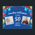 50th Birthday Party Invitation, 2 foto's, ballonne Briefkaart<br><div class="desc">Viel een mijlpaal verjaardag met dit leuke briefkaart met twee foto's die zijn gemaakt door kleurrijke ballonnen.  Ideaal voor elke verjaardag,  want je kunt het jaar gemakkelijk veranderen.  Voeg al je partijgegevens op de achterkant toe.</div>