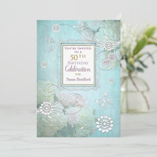 50th Birthday Party Invitation, Elegant Pastels Kaart (Staand voorkant)