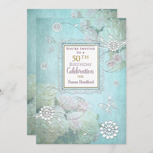 50th Birthday Party Invitation, Elegant Pastels Kaart (Voorkant / Achterkant)