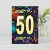 50th Birthday Party Invitation Fireworks Bubbles Kaart (Staand voorkant)
