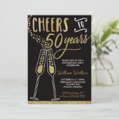 50th Birthday Party Invitation, Gold, Black Kaart (Staand voorkant)