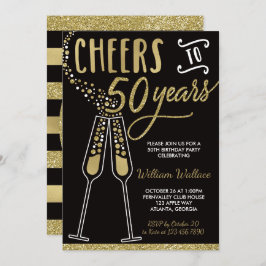 50th Birthday Party Invitation, Gold, Black Kaart
