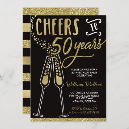 50th Birthday Party Invitation, Gold, Black Kaart