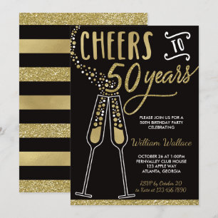50th Birthday Party Invitation, Gold, Black Kaart