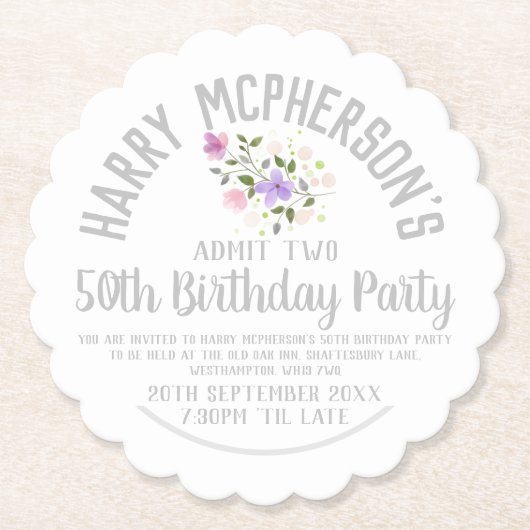 50th Birthday Party Invitation Ticket Kartonnen Onderzetters (Voorkant)