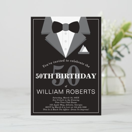 50th Birthday Party Invitation, Tuxedo Kaart (Staand voorkant)