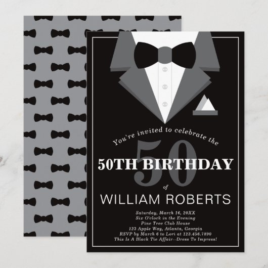 50th Birthday Party Invitation, Tuxedo Kaart (Voorkant / Achterkant)