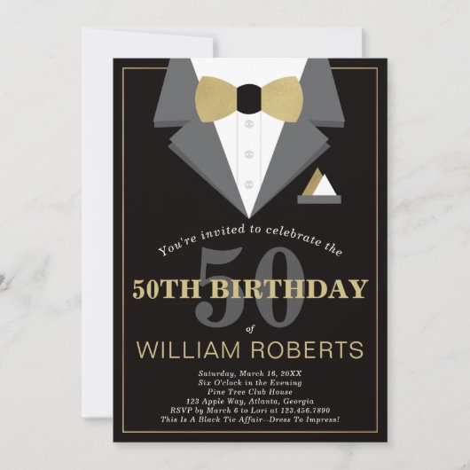 50th Birthday Party Invitation, Tuxedo Kaart (Voorkant)