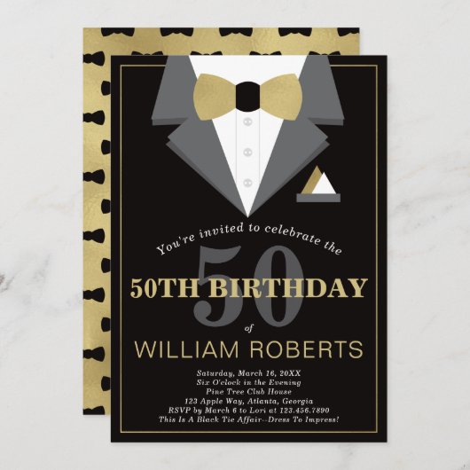 50th Birthday Party Invitation, Tuxedo Kaart (Voorkant / Achterkant)