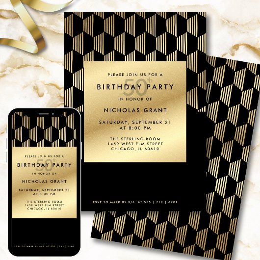 50th Birthday Party Modern Black and Gold Foil Kaart