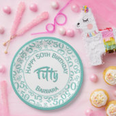 50th Birthday Party Number Blauwgroen/White 50 Papieren Bordje (Feest)