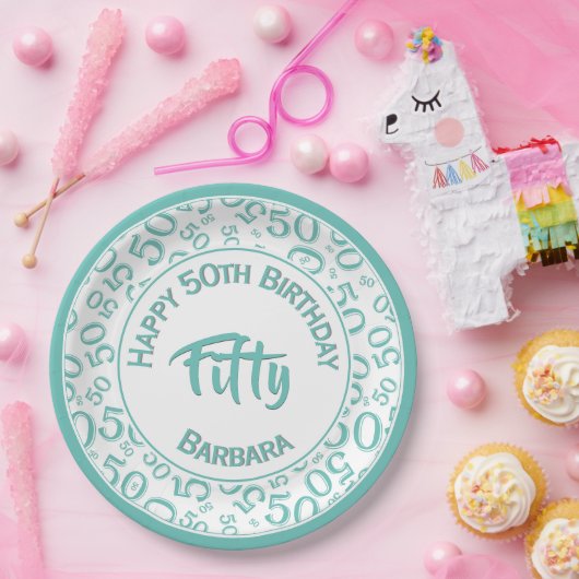 50th Birthday Party Number Blauwgroen/White 50 Papieren Bordje (Feest)