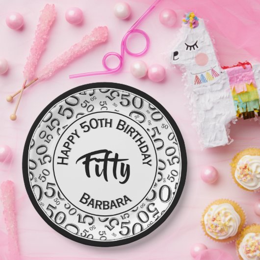 50th Birthday Party Number Pattern Black/White 50 Papieren Bordje (Feest)