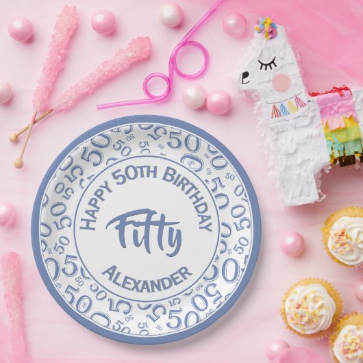 50th Birthday Party Number Pattern Blue/White 50 Papieren Bordje (Feest)