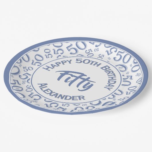 50th Birthday Party Number Pattern Blue/White 50 Papieren Bordje (Gekanteld)