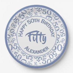 50th Birthday Party Number Pattern Blue/White 50 Papieren Bordje