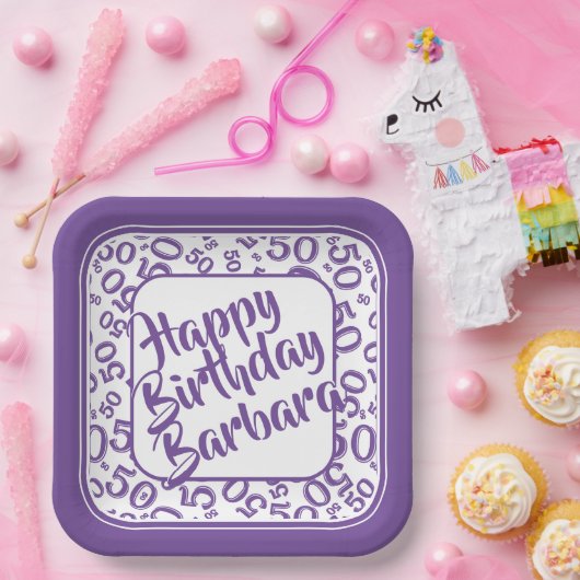 50th Birthday Party Number Pattern Paars/White Papieren Bordje (Feest)