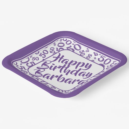 50th Birthday Party Number Pattern Paars/White Papieren Bordje (Gebogen)