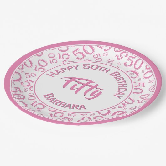 50th Birthday Party Number Pattern Pink/White 50 Papieren Bordje (Gekanteld)