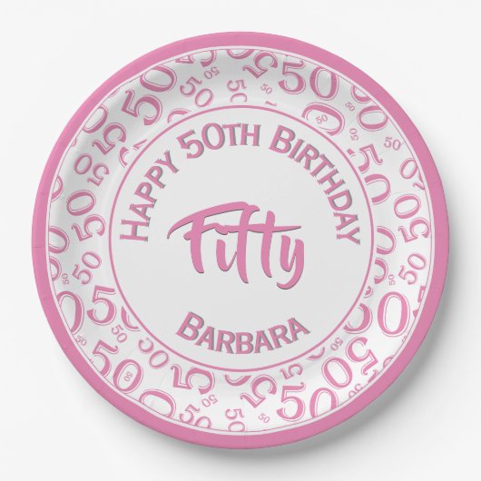 50th Birthday Party Number Pattern Pink/White 50 Papieren Bordje (Voorkant)