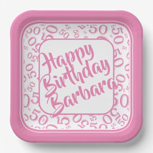 50th Birthday Party Number Pattern Pink/White Papieren Bordje (Voorkant)