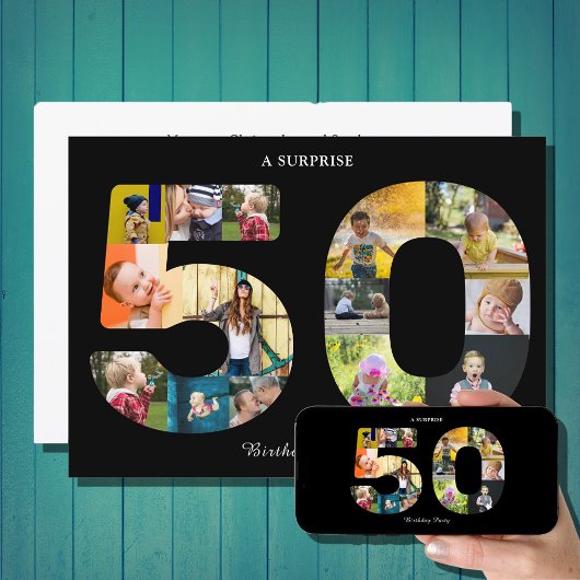 50th Birthday Party Photo Template Black White Kaart