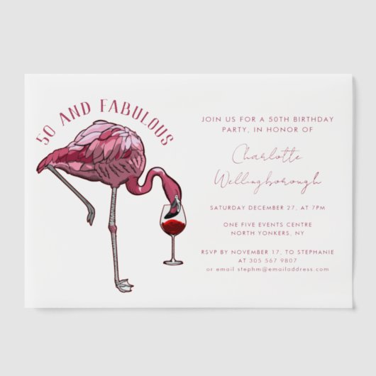 50th Birthday Party Pink Flamingo 50 and Fab Vellum Uitnodigingen (Voorkant)