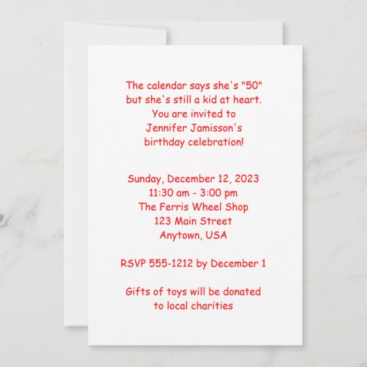 50th Birthday Party Red Rag Dolls, Name Kaart (Achterkant)