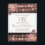 50th Birthday Party Rustic String Lights Florals Briefkaart<br><div class="desc">Robuuste snaarlichten en blozen in een stoffige roos bruine uitnodiging voor een 50e of een verjaardagsfeestje. Aanpassen met je geboortejaar. Elegant stijlvol modern scriptlettertype.</div>