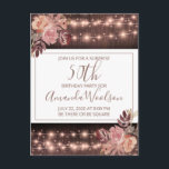 50th Birthday Party Rustic String Lights Florals Briefkaart<br><div class="desc">Robuuste snaarlichten en blozen in een stoffige roos bruine uitnodiging voor een 50e of een verjaardagsfeestje. Aanpassen met je geboortejaar. Elegant stijlvol modern scriptlettertype.</div>
