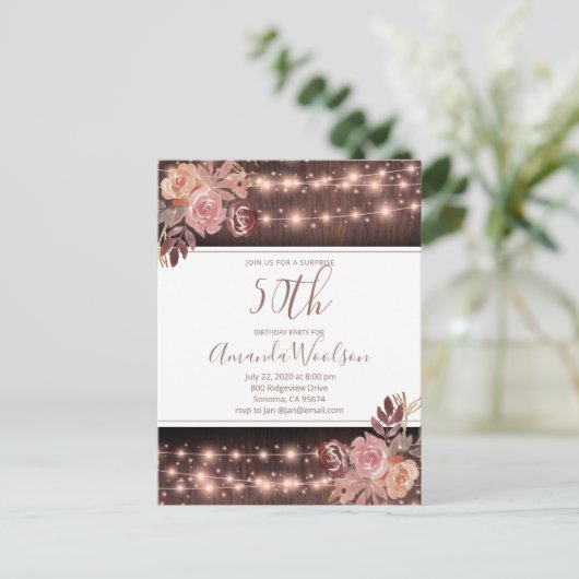 50th Birthday Party Rustic String Lights P Briefkaart (Staand voorkant)