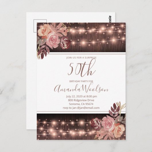 50th Birthday Party Rustic String Lights P Briefkaart (Voorkant / Achterkant)