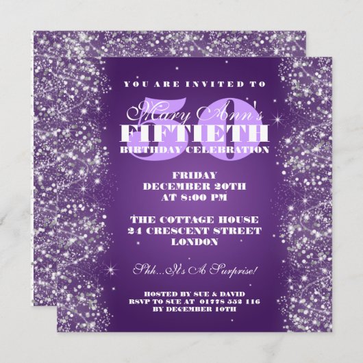50th Birthday Party Sparking Glitter Paars Kaart (Voorkant / Achterkant)