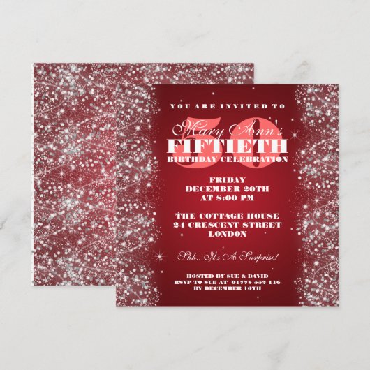 50th Birthday Party Sparking Glitter Red Kaart (Voorkant / Achterkant)