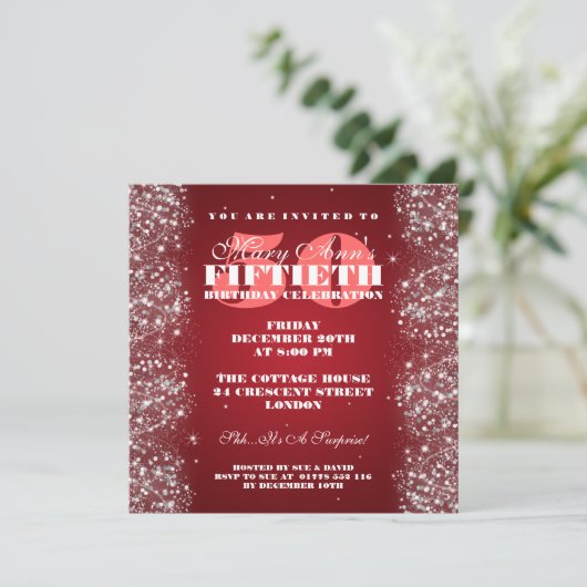 50th Birthday Party Sparking Glitter Red Kaart (Staand voorkant)