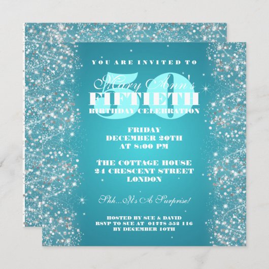 50th Birthday Party Sparking Glitter Turquoise Kaart (Voorkant / Achterkant)
