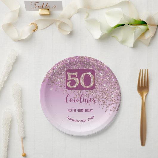 50th Birthday Party Sparkle Rose Gold Glitter Papieren Bordje (Huwelijk)
